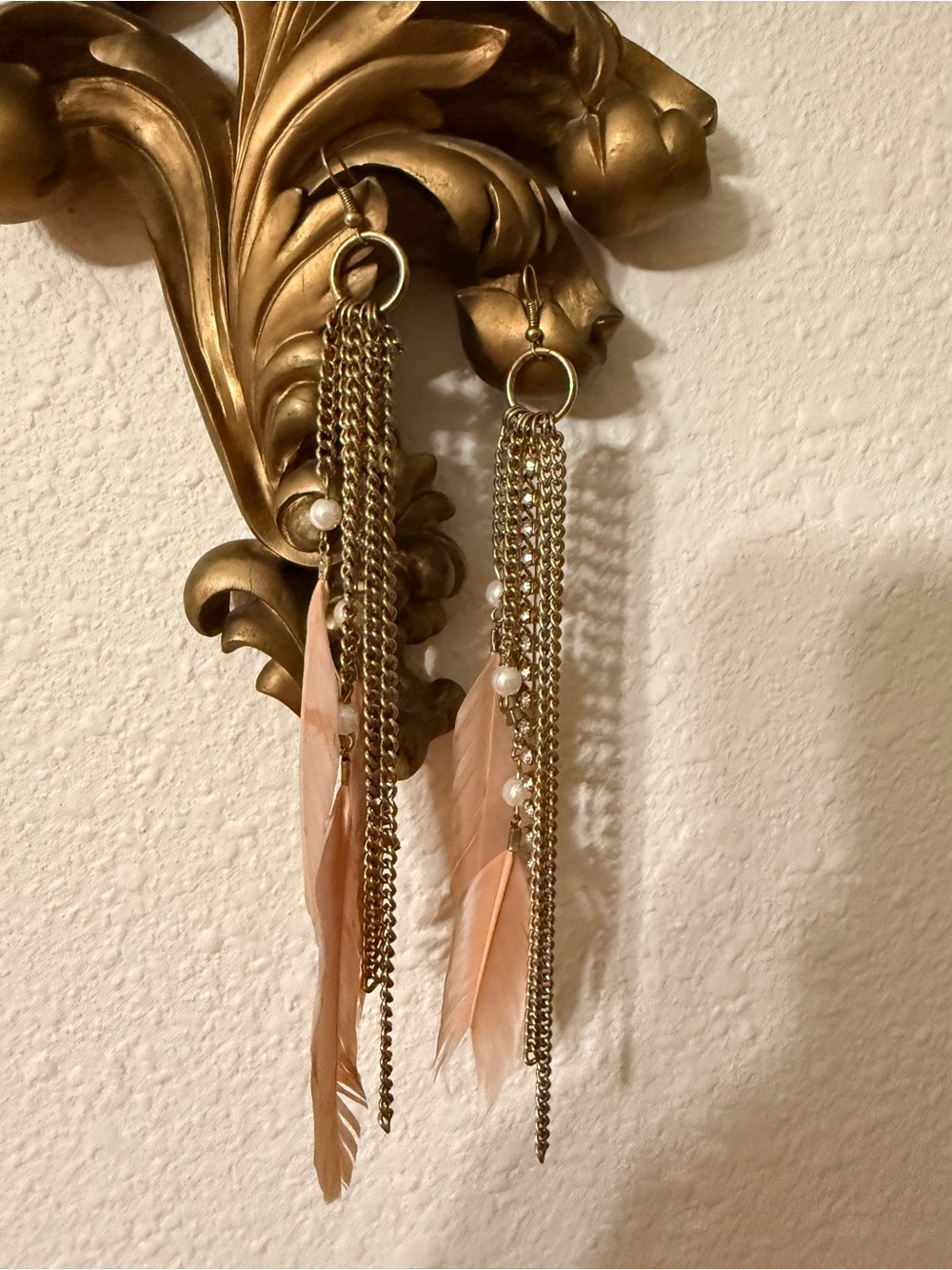 Feather & Pearl Chain Drop Earrings